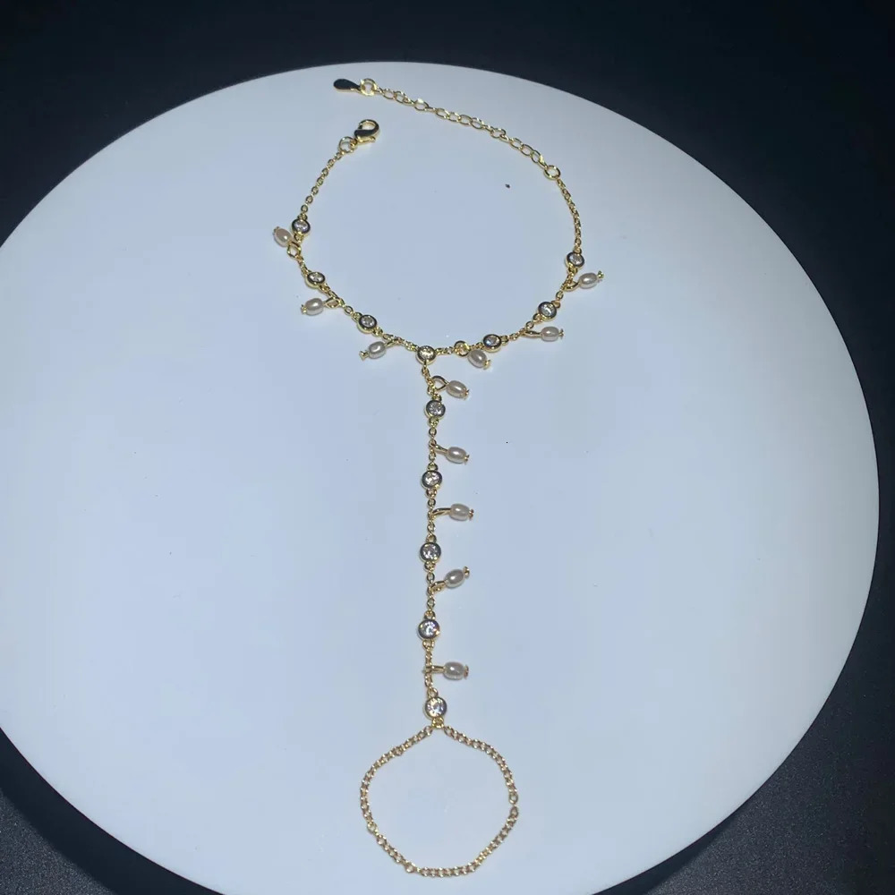 Gold Color Geometric Bezel CZ White Flash Pearls Beaded Drop Charm Tassel Elegance Women Hand Chain Bracelet 250520