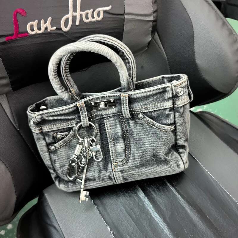 2025 new European and American classic lock design wash denim pants personalized top handle shoulder bag