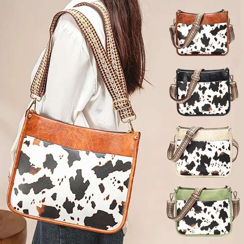 Cow Pattern Messenger Bag, Fashion Faux Leather Shoulder Crossbody Bag With Vintage Strap, Women's Versatile Handbag & Purse