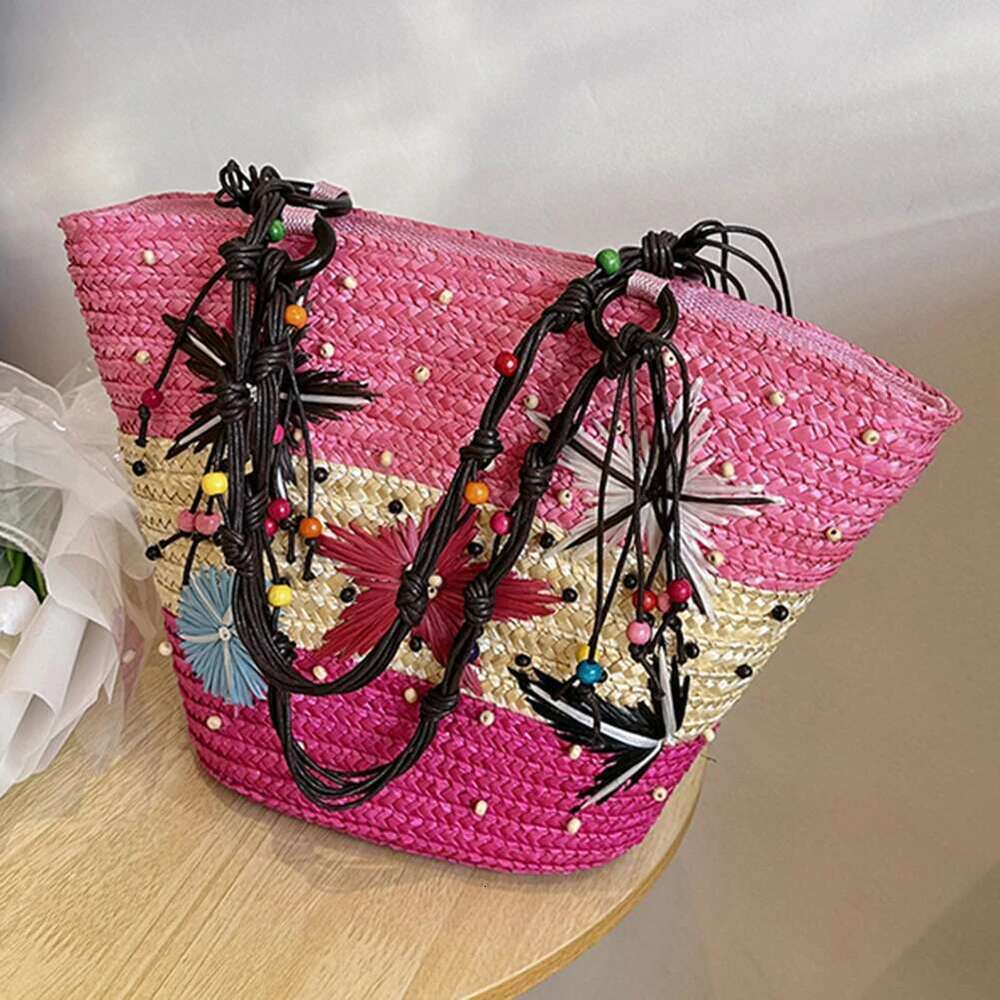 Women Summer Beach Bag Lady Large Straw Tote Colorful Hand-Embroidered Starfish Girl Hoilday Buckets Rattan Bohemian Handbag