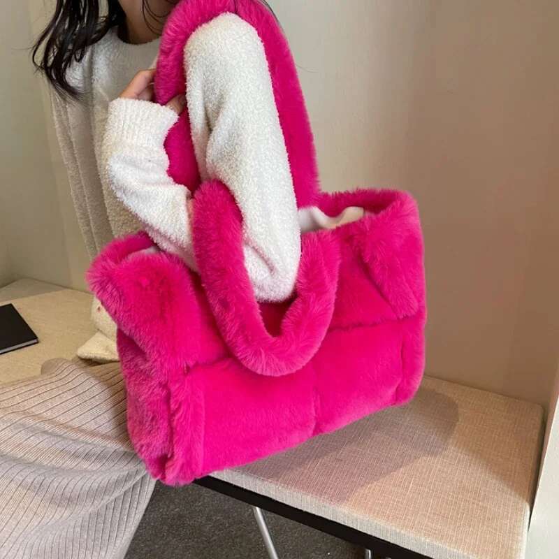 Faux Fur Women's Shoulder Large Capacity Soft Plush Casual Tote Bags Winter Fashion Female Travel Purse Handbags