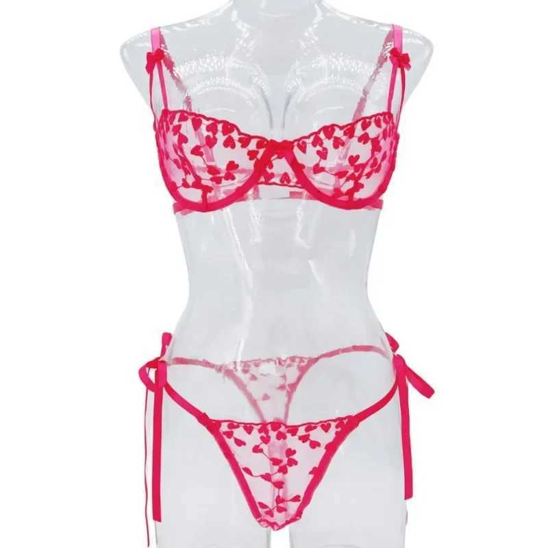 Piece Set Love Embroidered Sexy Underwear Suit for Women Mesh Patchwork See-Through with Steel Ring Sexy Lingerie New R250520