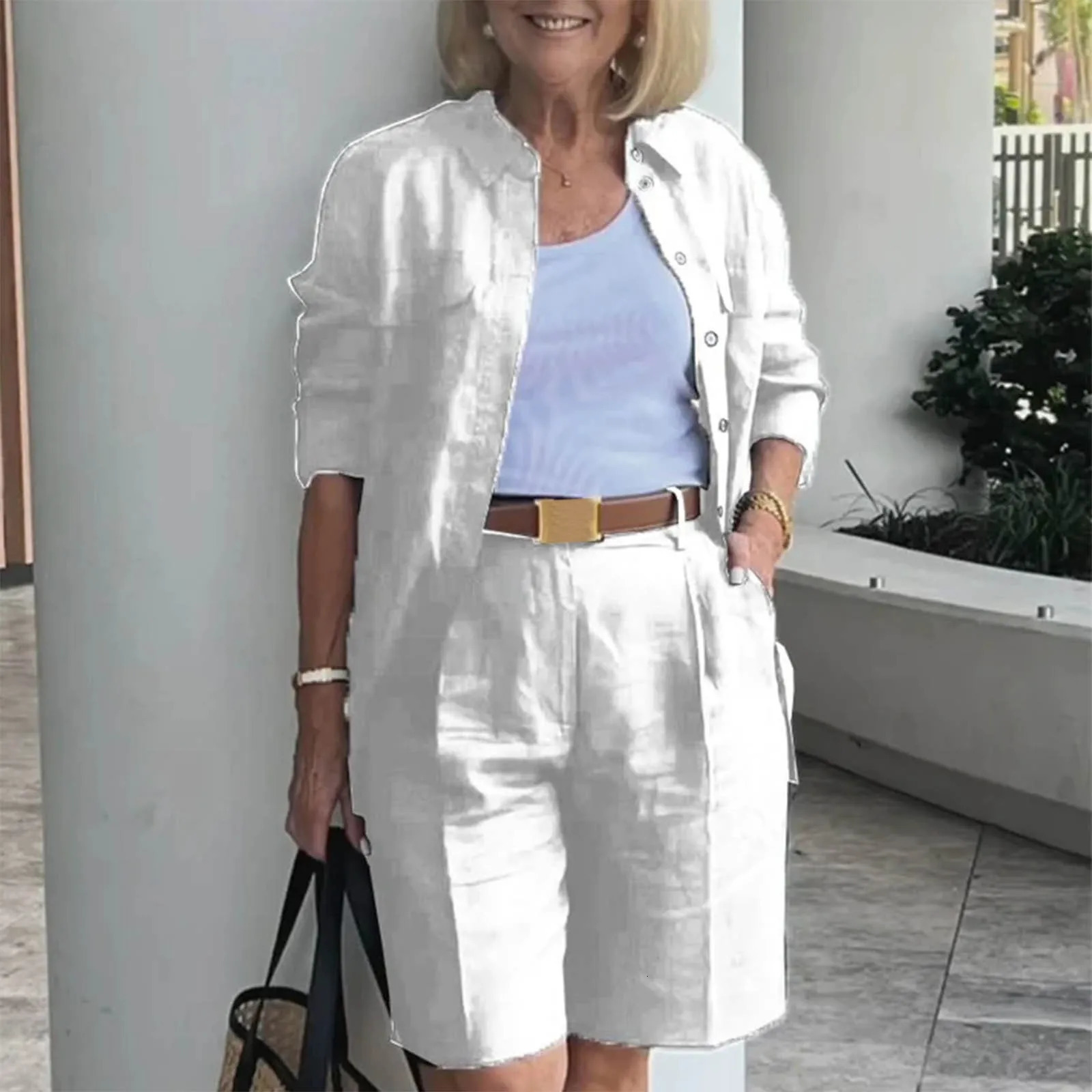 Elegant 2-Piece Sets For Women Womens Cardigan Shirt Top Summer Solid Color Casual Shorts Two Piece In Matching Sets 250516