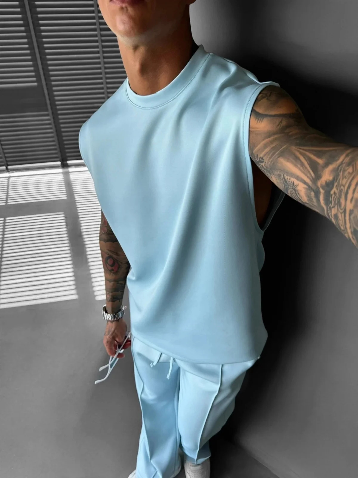 2025 Summer mens sports fashion casual pants vest set loose sleeveless T-shirt solid color set 250519