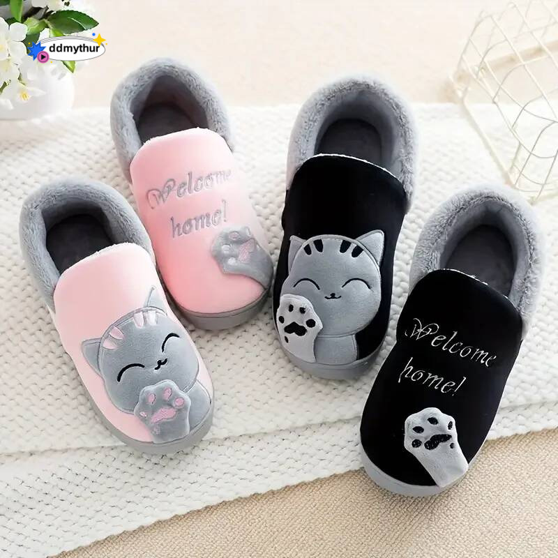 Cute Home Slippers Women Furry Short Plush Cartoon Cat House Shoes Woman Non-slip Soft Winter Warm Indoor Bedroom Men Couples ddmythur