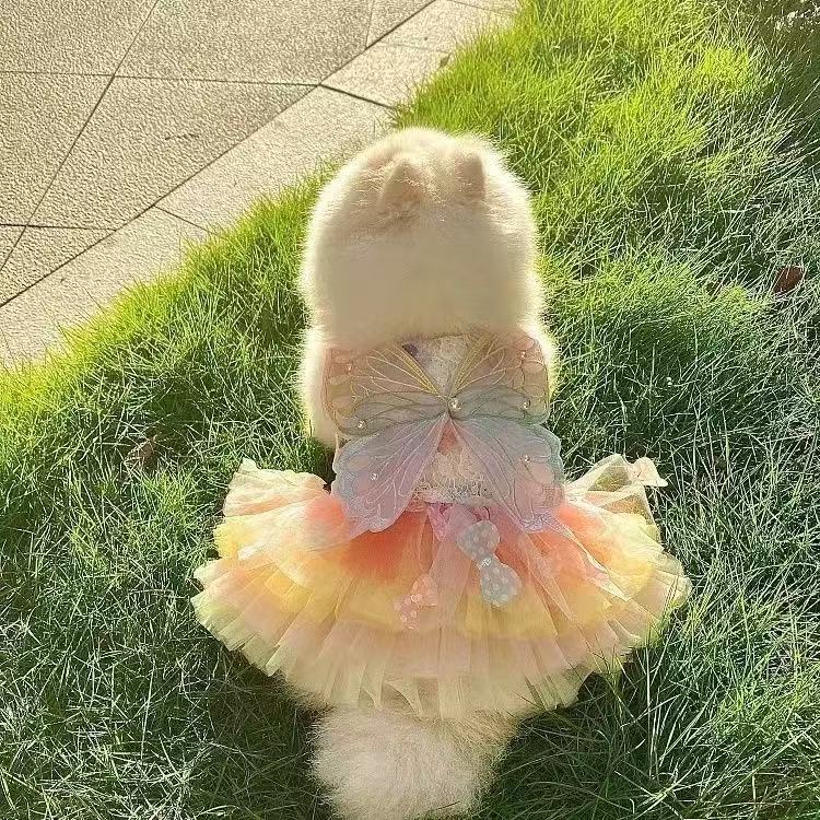 T00250 Dog clothes summer thin breathable air-flowing yarn princess dress skirt pet teddy bear panda traction buckle