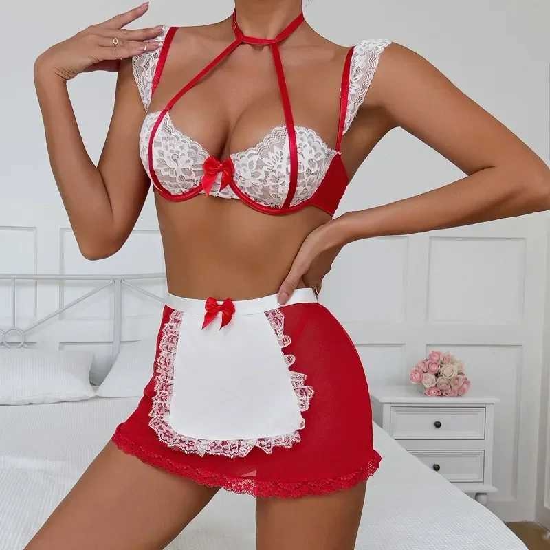 Sexy Lingerie Lace Contrast Color Bra Set for Women Sexy Halter Mesh See-through Slim Uniform Underwear Set New R250520