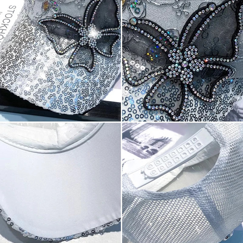 Women Summer Mesh Baseball Cap Shiny Rhinestone Butterfly Sun Visor Hat For Ladies Glitter Sequins Breathable Sunscreen Caps 250519