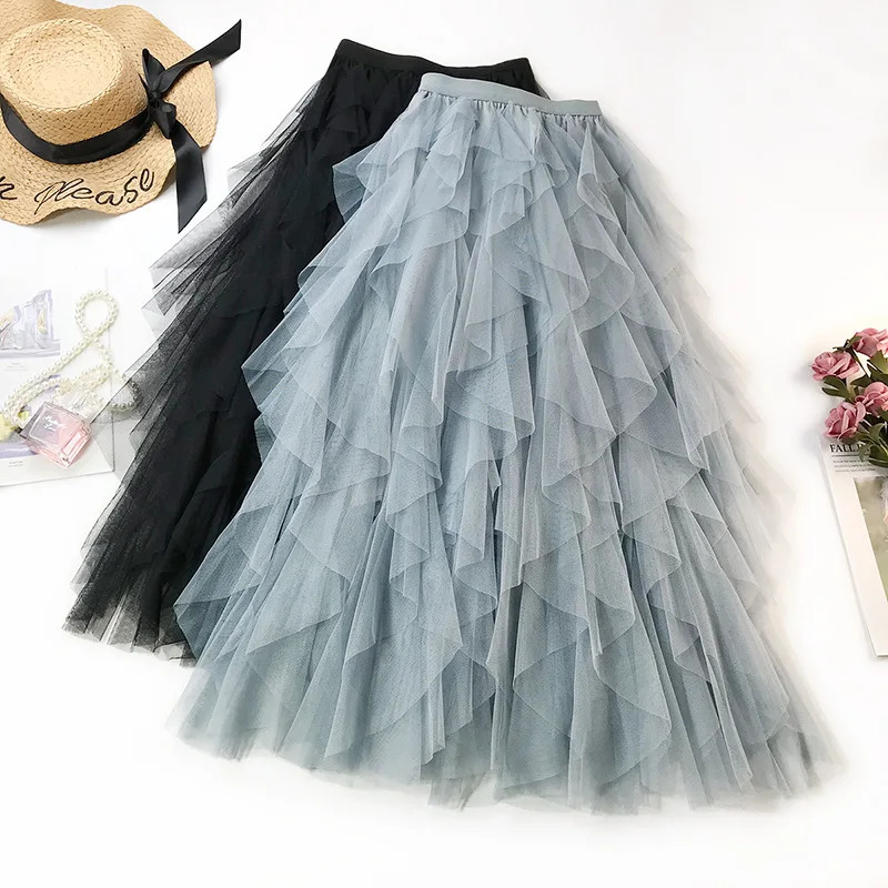 Tulle Skirts for Women Long Length Tutu Fairy Tiered Skirt A Line Mesh Elastic Waist Big Hem Black Gray Pink Beige 250520
