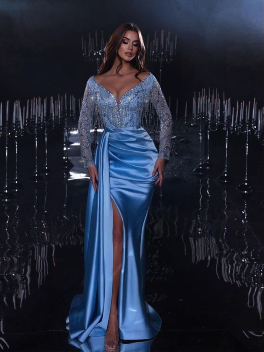 Stylish Evening Dresses Off Shoulder Prom Dress Tassel Sequins Princess Detachable Train Long Sleeve Slim Mermaid Sweep Train Party Gowns Vestidos De 