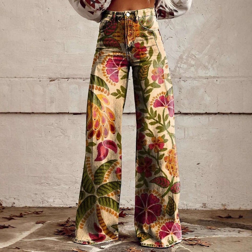 Women's High-Waisted Wide-Leg Printed Stretch Jeans - Casual Fashion with Flare