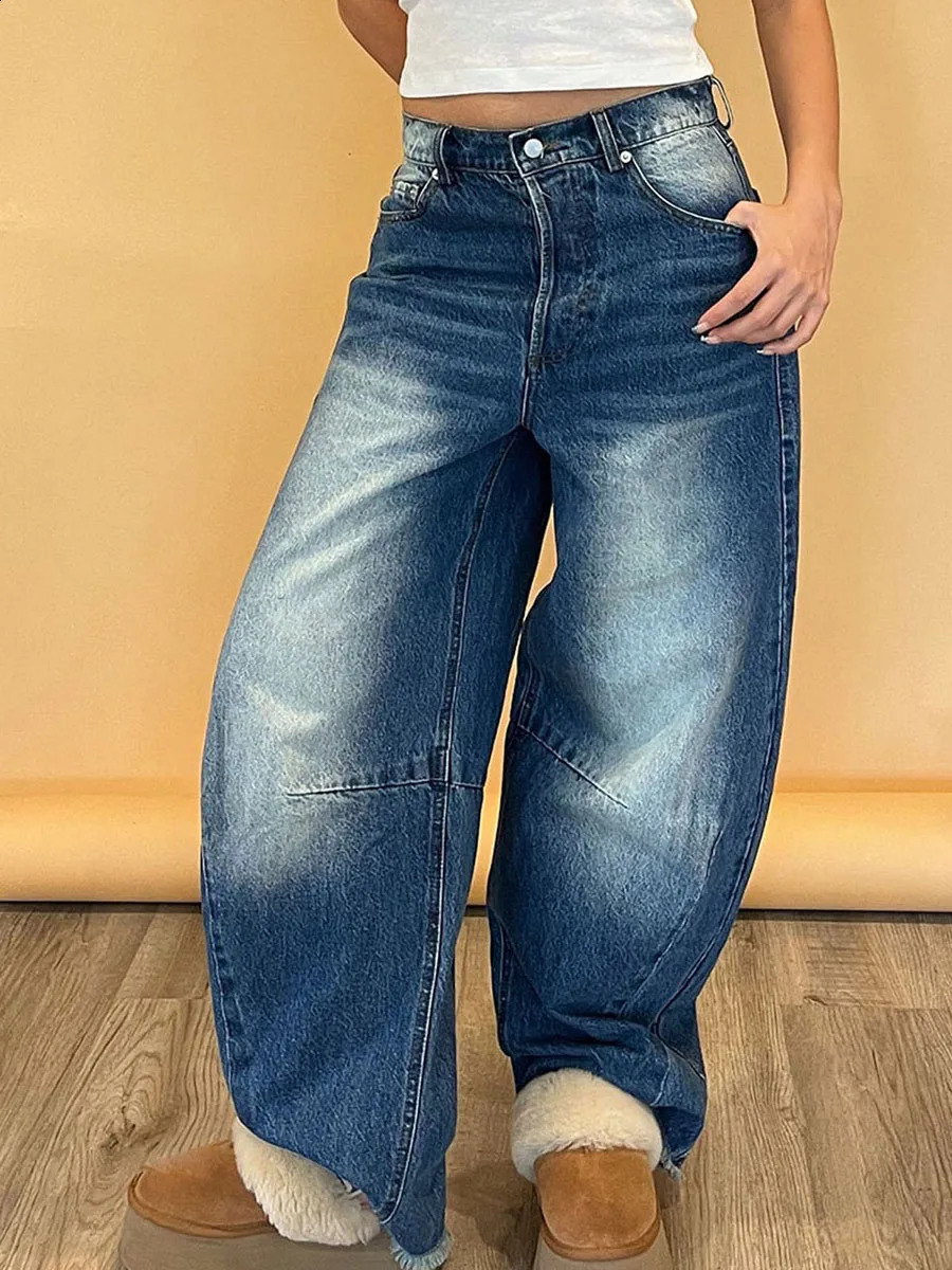 Women s Vintage High Waist Wide Leg Jeans Pants Retro Washed Blue Loose Barrel Denim Trousers for Spring 250513Z