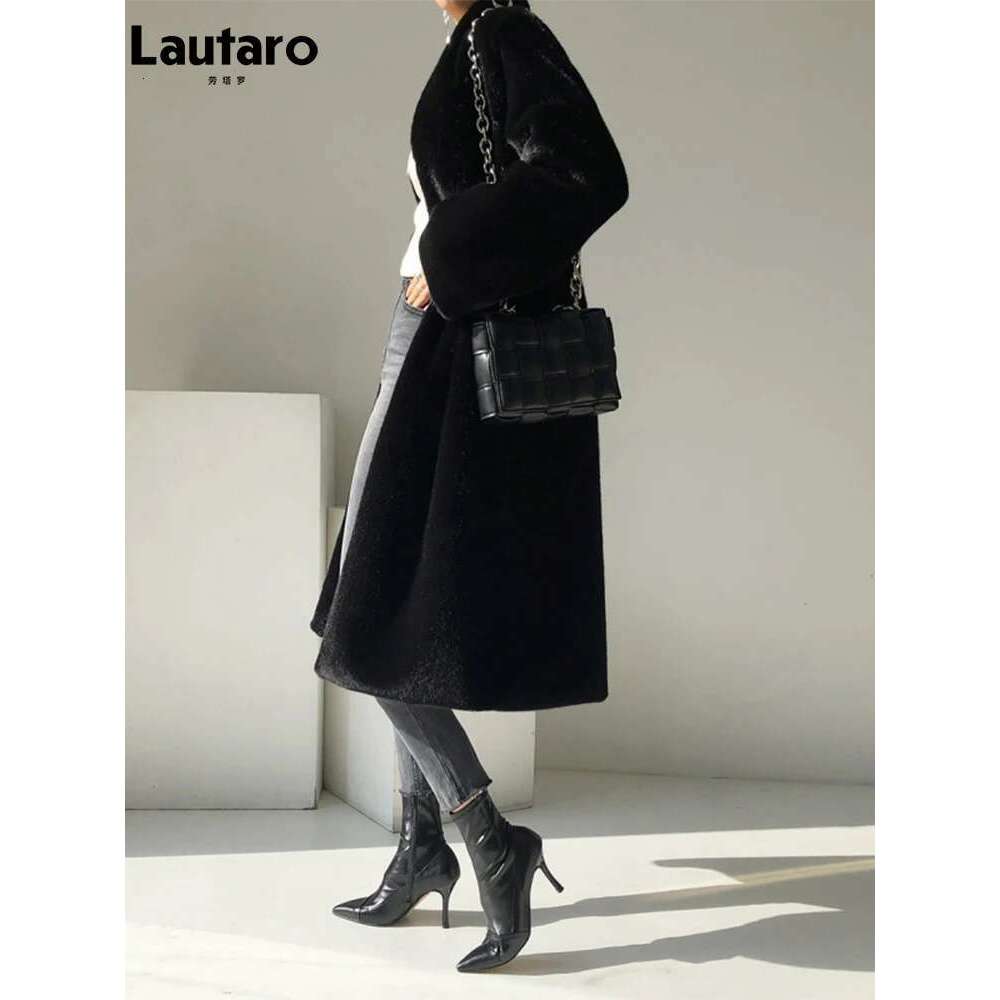 Lautaro Winter Long Black Elegant Stylish Thick Warm Fluffy Hairy Soft Faux Mink Fur Coat Women Stand Collar Sashes 2023 Designer