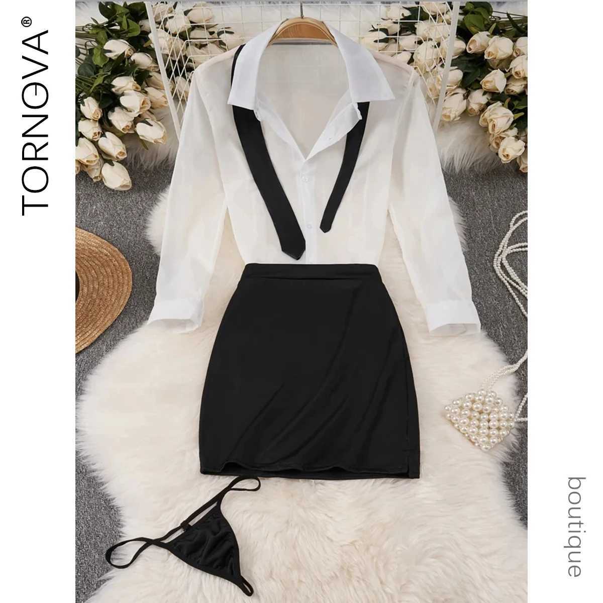 Preppy Style Sexy Uniform Sets Women Sexy Uniform Suit Sheer Top+Lace Up Mini Skirt+Thongs Hollow Cosplay Porn Suits New R250520
