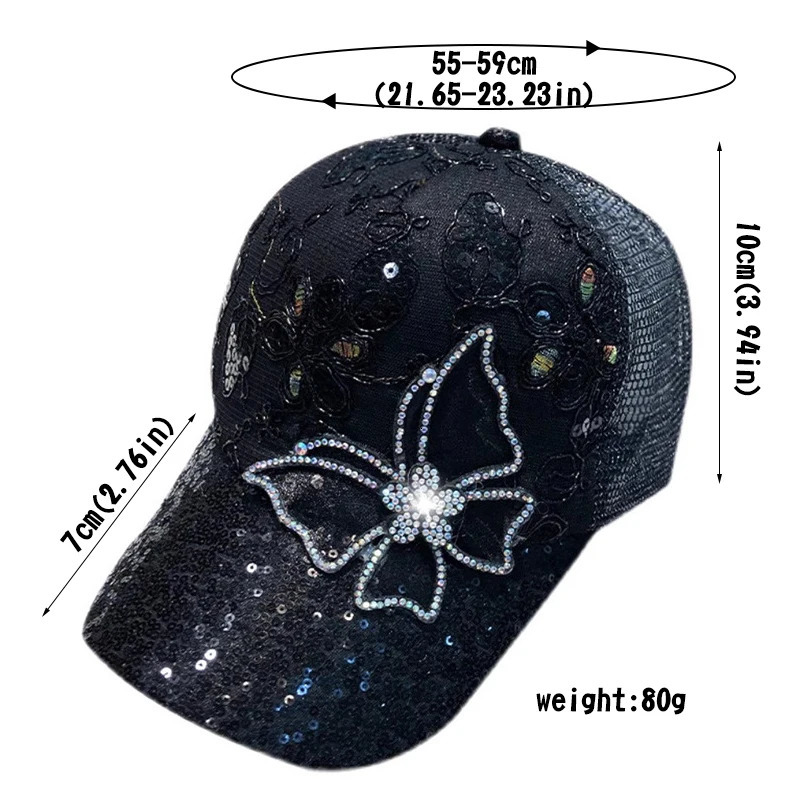 Women Summer Mesh Baseball Cap Shiny Rhinestone Butterfly Sun Visor Hat For Ladies Glitter Sequins Breathable Sunscreen Caps 250519