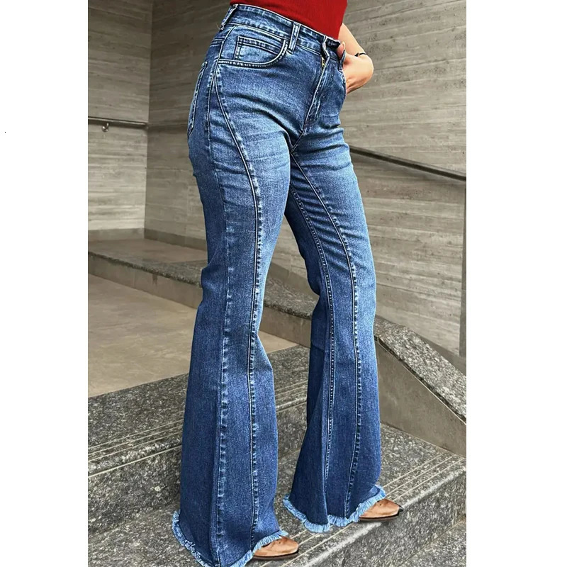 Huangs Stylish High Waist Flare Bell Bottom Jeans Curvy Seam Details Raw Hem Loose Fit Ladies Pants Western Womens Trouser T39 250520