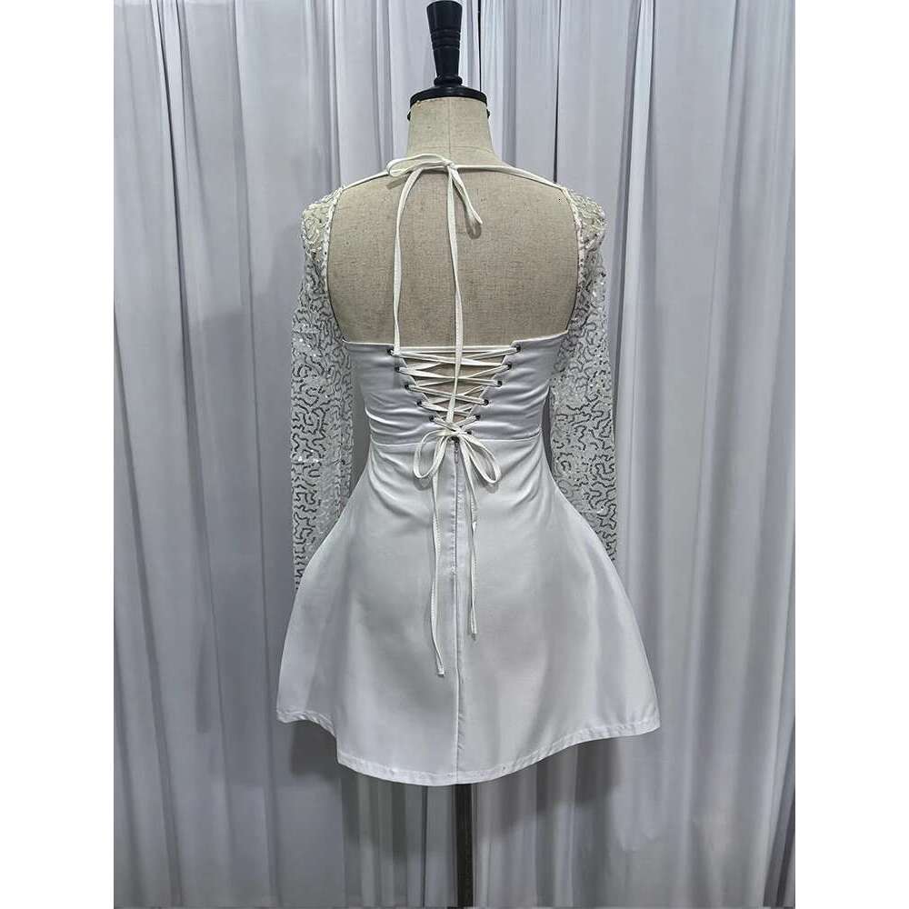 NIDANSSI White Satin Lace Glitter Evening Party Women Backless Robes Elegant Sexy Bodycon Mini Winter Dress Vestidos
