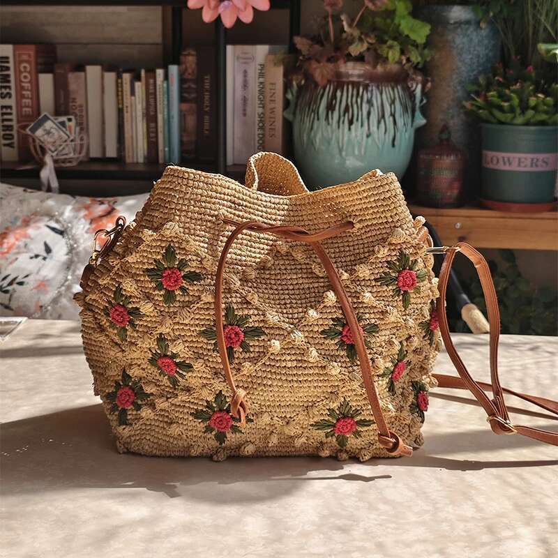 High Quality Raffia 3D Rose Handbag Hand-Woven Hook Flower Brand Retro Exquisite Straw Travel Vacation Beach Bag