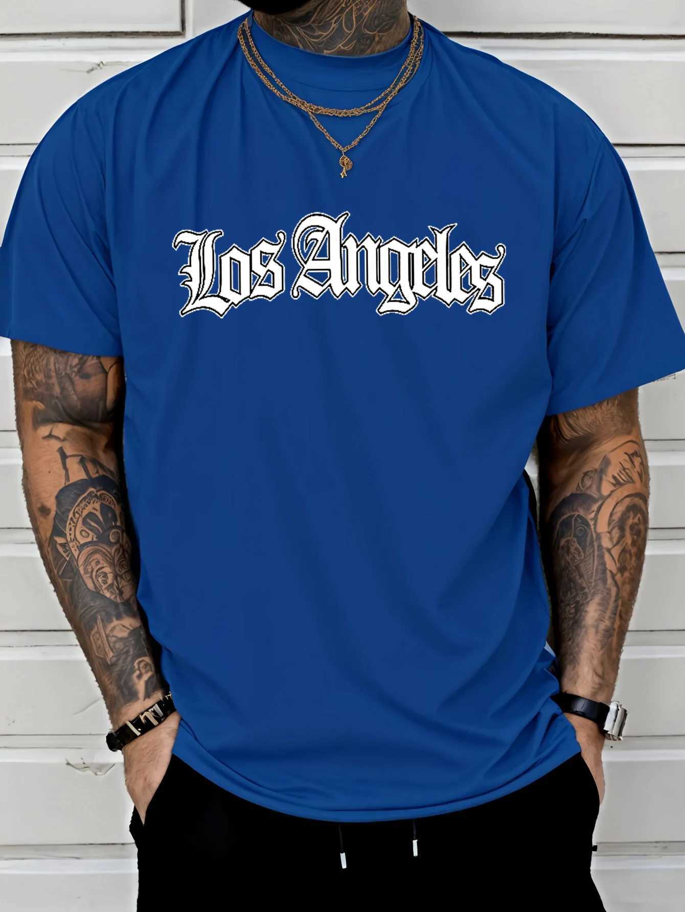 Mens summer 100 cotton fashionable casual loose plus size Los Angeles letter printed sports round neck short sleeved T-shirtXJ250520