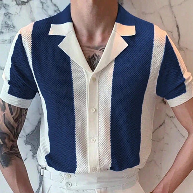 y Mens Knit Shirt Striped Contrast Color Jacquard Knitted Tops Men Cardigans Summer Short Sleeve Buttoned Lapel Slim Shirts 250520