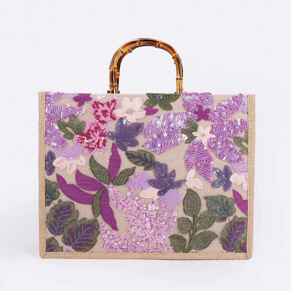 High Quality Designer Bags Vintage Bamboo Handle Women Handbags Sequins Embroidery Tote Bags Casual Linen Large Capacity Beach Bag Big Female Purse Lu