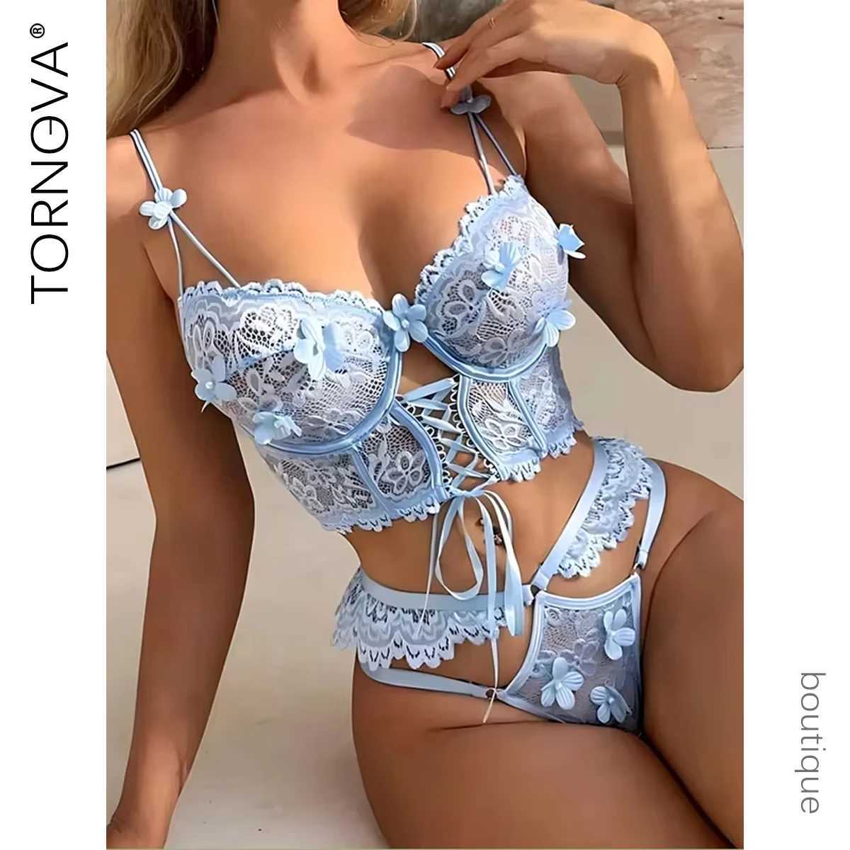 Sexy Lingerie Strap Underwire Lace Bra for Women Sexy Beaded 3D Flower Hollow Out See-through Lace Up Underwear Set New R250520