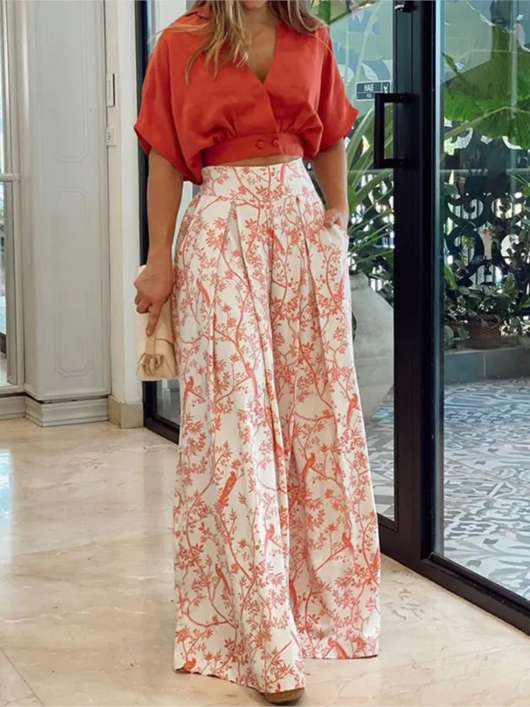 Women Fashion Set Short Sleeve V-Neck Top 2 Piece Sets Lady Casual Pockets Print High Waist Wide Leg Pants Two Piece Sets Summer 250516
