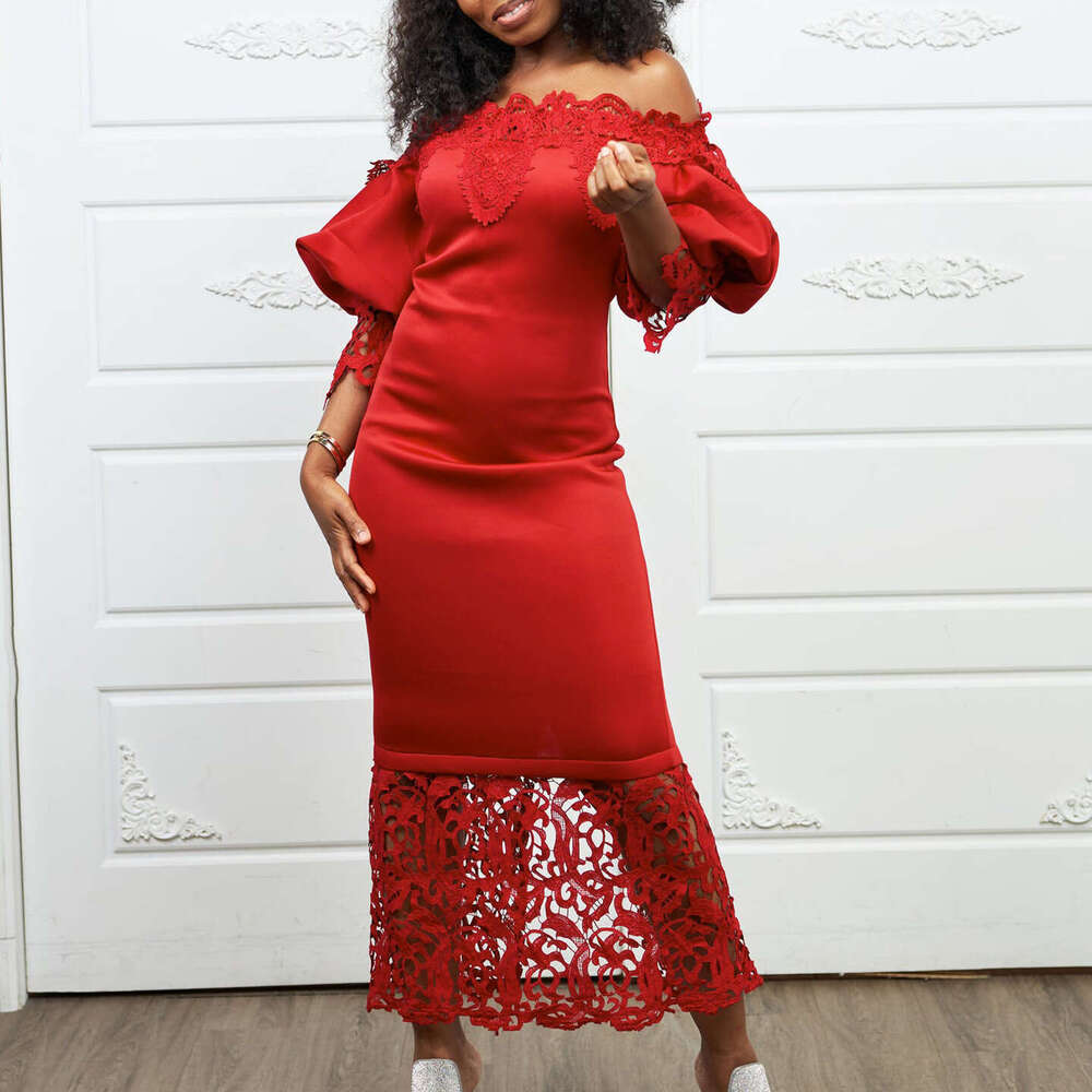 Women's Wear Women's New One Line Neck Lace Spliced Banquet Evening Lantern Sleeves OL Bridesmaid Dress
