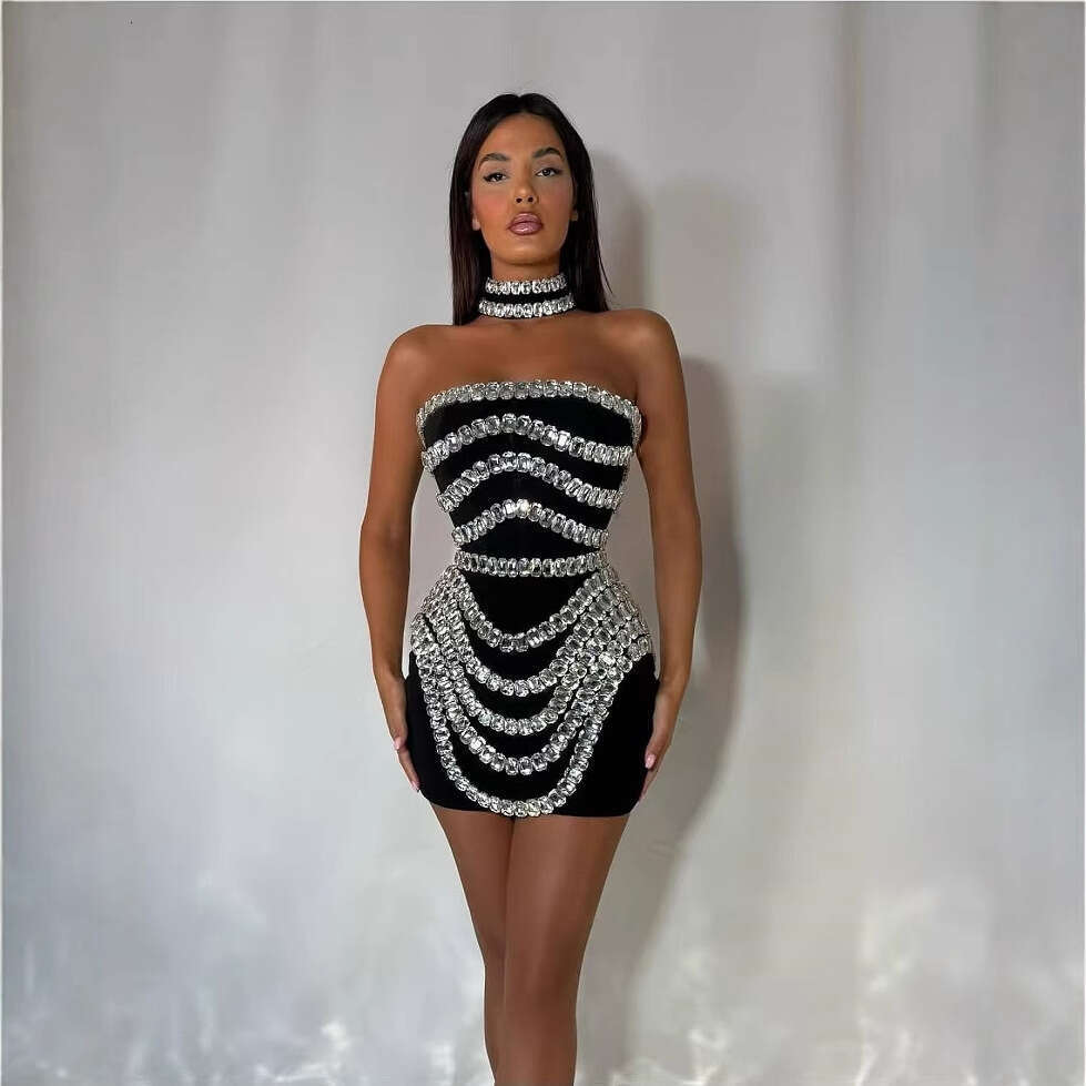 Halter Dress Luxury Rhinestone Personalized Neck Chain Strapless Tight Bandage Dress Fashionable And Spicy Party Dress Maxi Dress