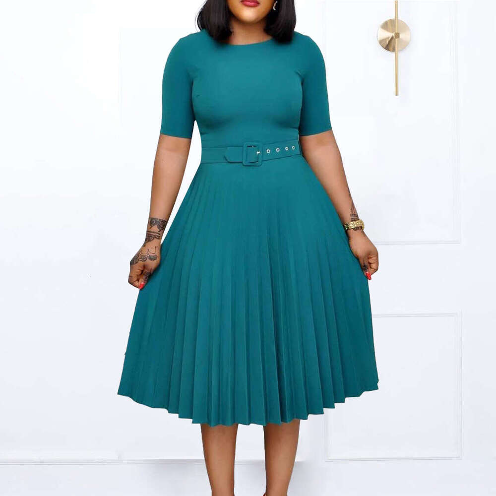 Women's Wear D3292 New Round Neck Mid Length Pleated Skirt Plus Size Dress