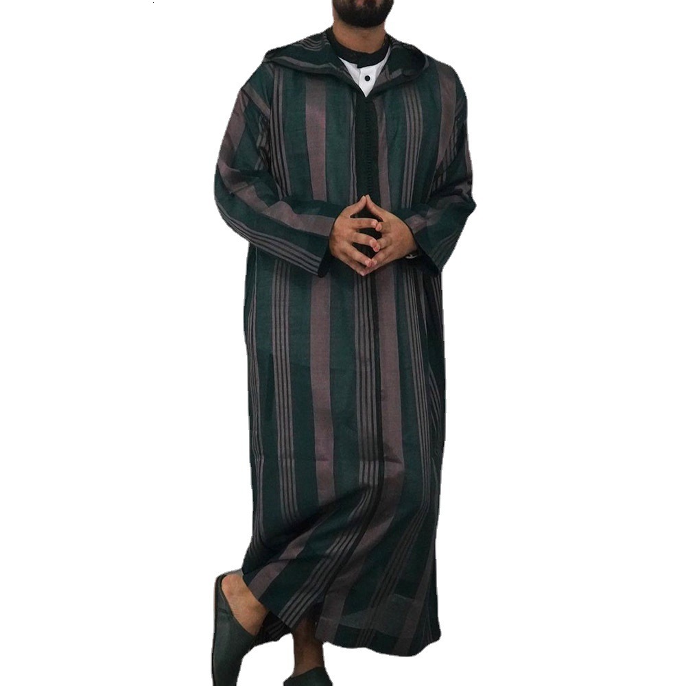 Fashion Designer Clothing Loose Oversized Men's Hooded Long Jumpsuit Striped Printed Muslim Robe 2025 New Style