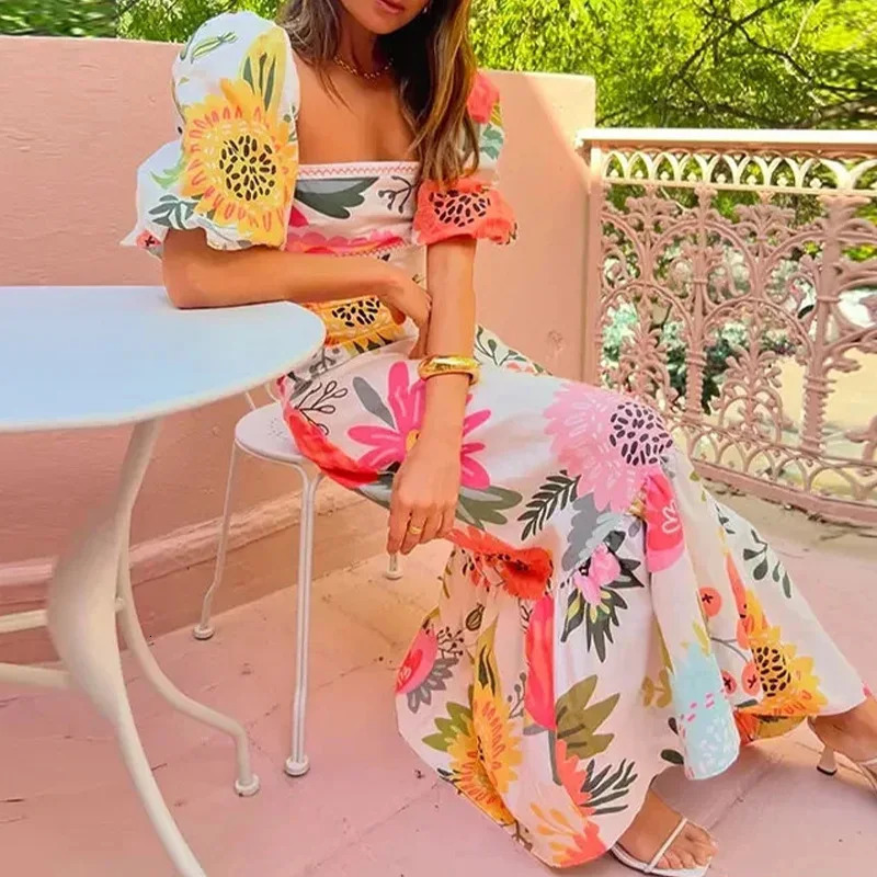 VEITCHE Summer Elegant Women Dress Flower Printed Maxi High Waisted Short Sleeve Square Collar Holiday Long Dresses 250520