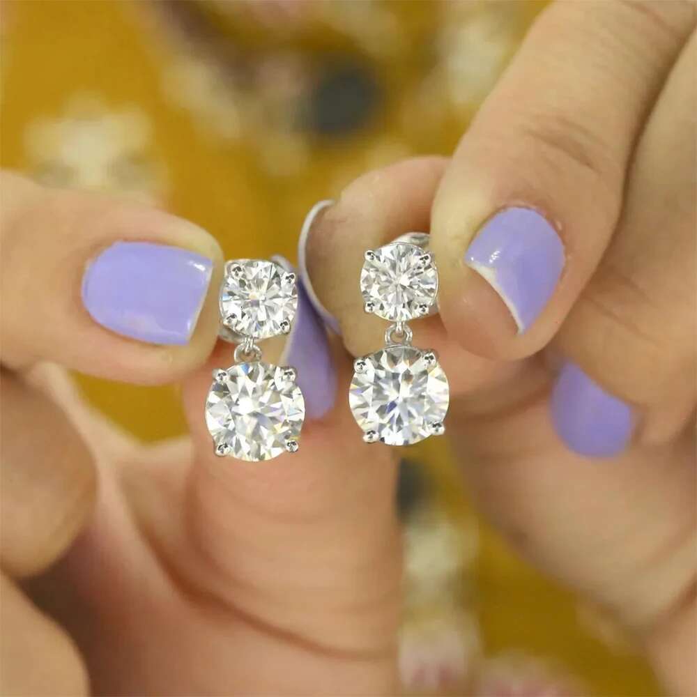 5.6cttw Dangle Drop Double Stone Moissanite Earrings For Women Round Cut Diamond 925 Sterling Silver Engagement Wedding Jewelry