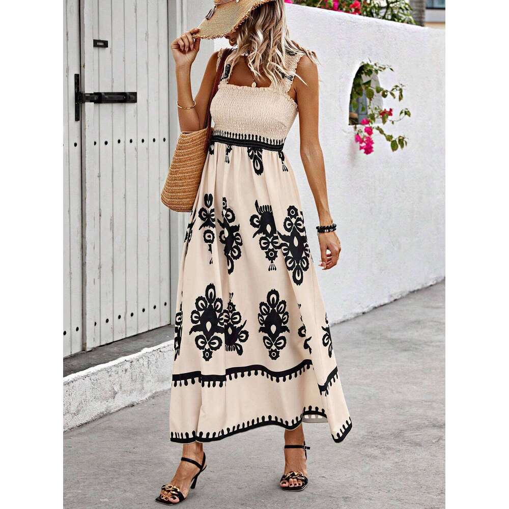 New hot selling women's beach dresses in Europe and America, vacation style printed chest wrapped dresses, 2025 new casual fashion trend clothing