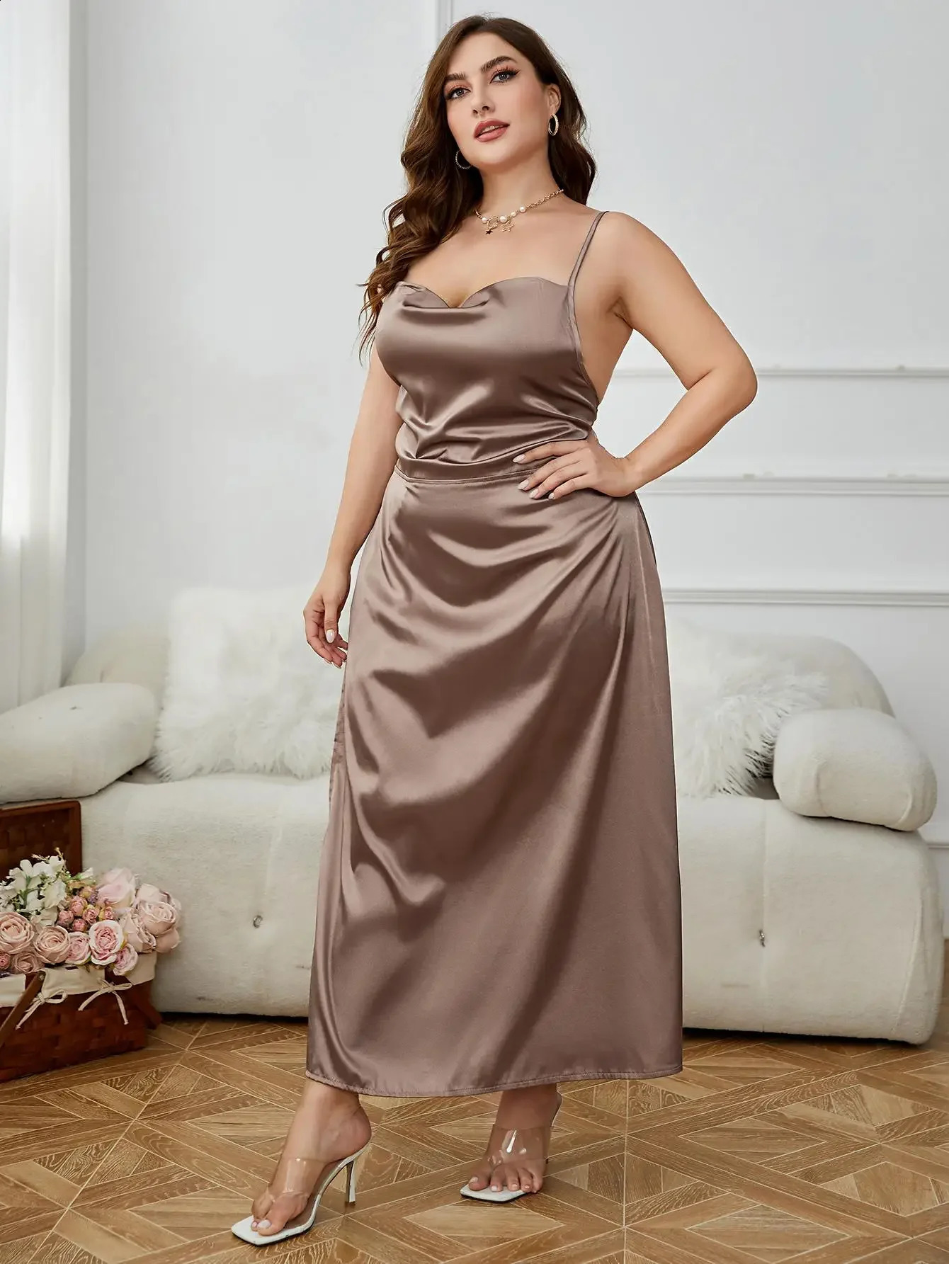 Plus Size Womens Sleeveless Criss Cross Backless Side Split Strappy Party Maxi Dresses Satin Sling Cowl Neck Solid Cami Robe 250519