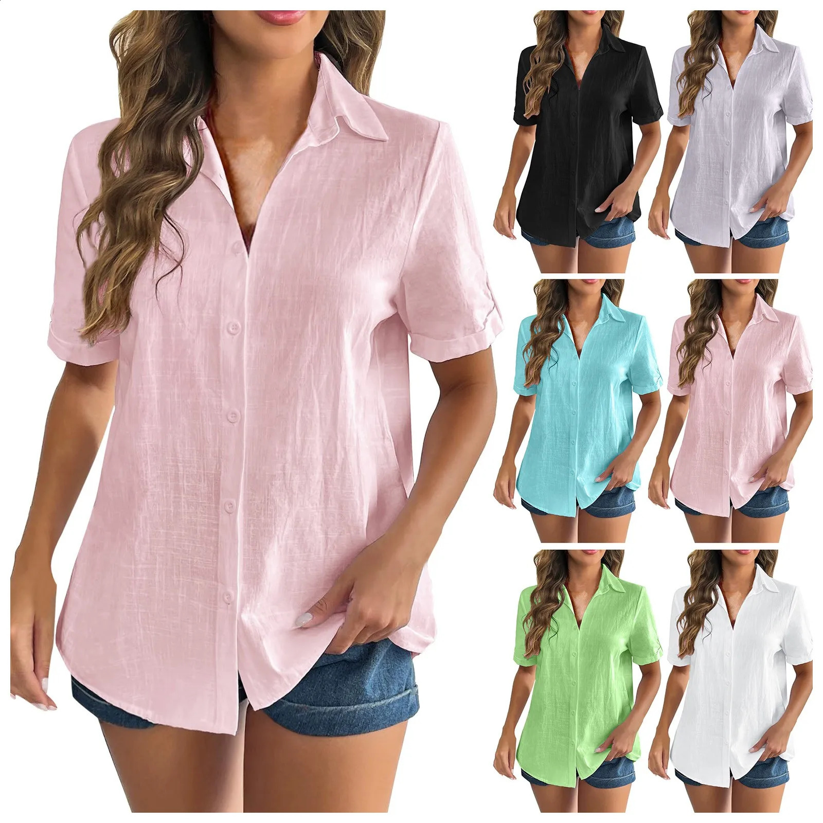 Women Button Down Cotton Shirt Rolled Cuffed Short Sleeve Blouses Summer Casual V Neck Beach Shirts Ladies Solid Color Tops 250516Z