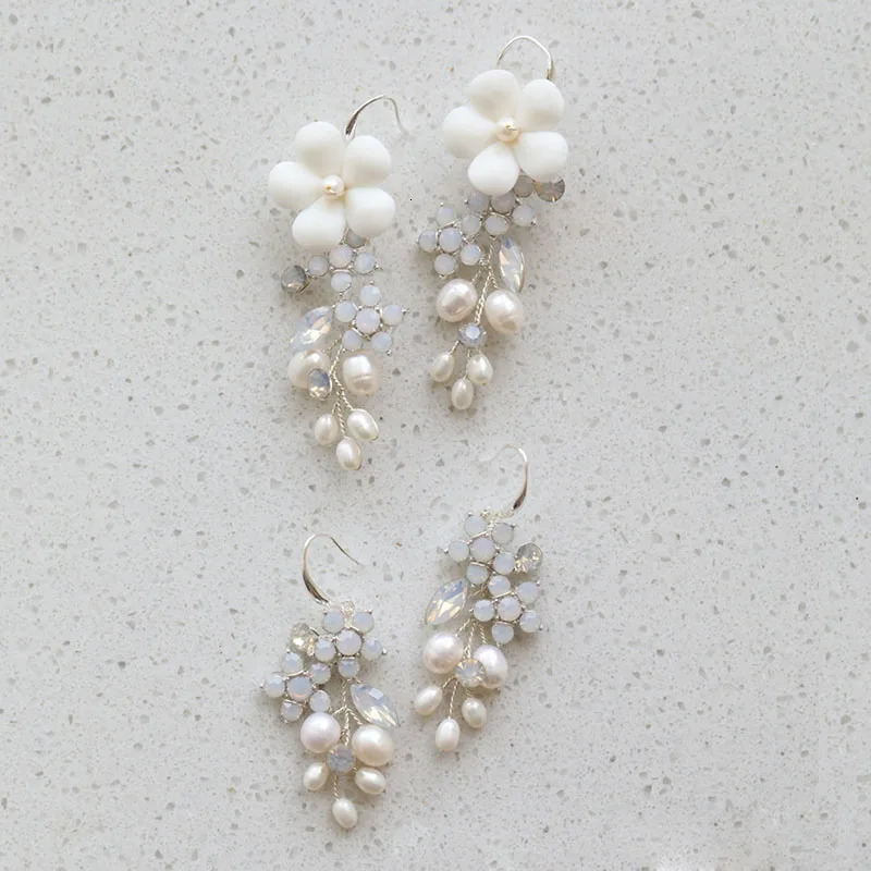 SLBRIDAL Ins Sparkling Opal Crystal Rhinestones Porcelain Flower Freshwater Pearls Bridal Wedding Earring Women Girls Earrings 250517