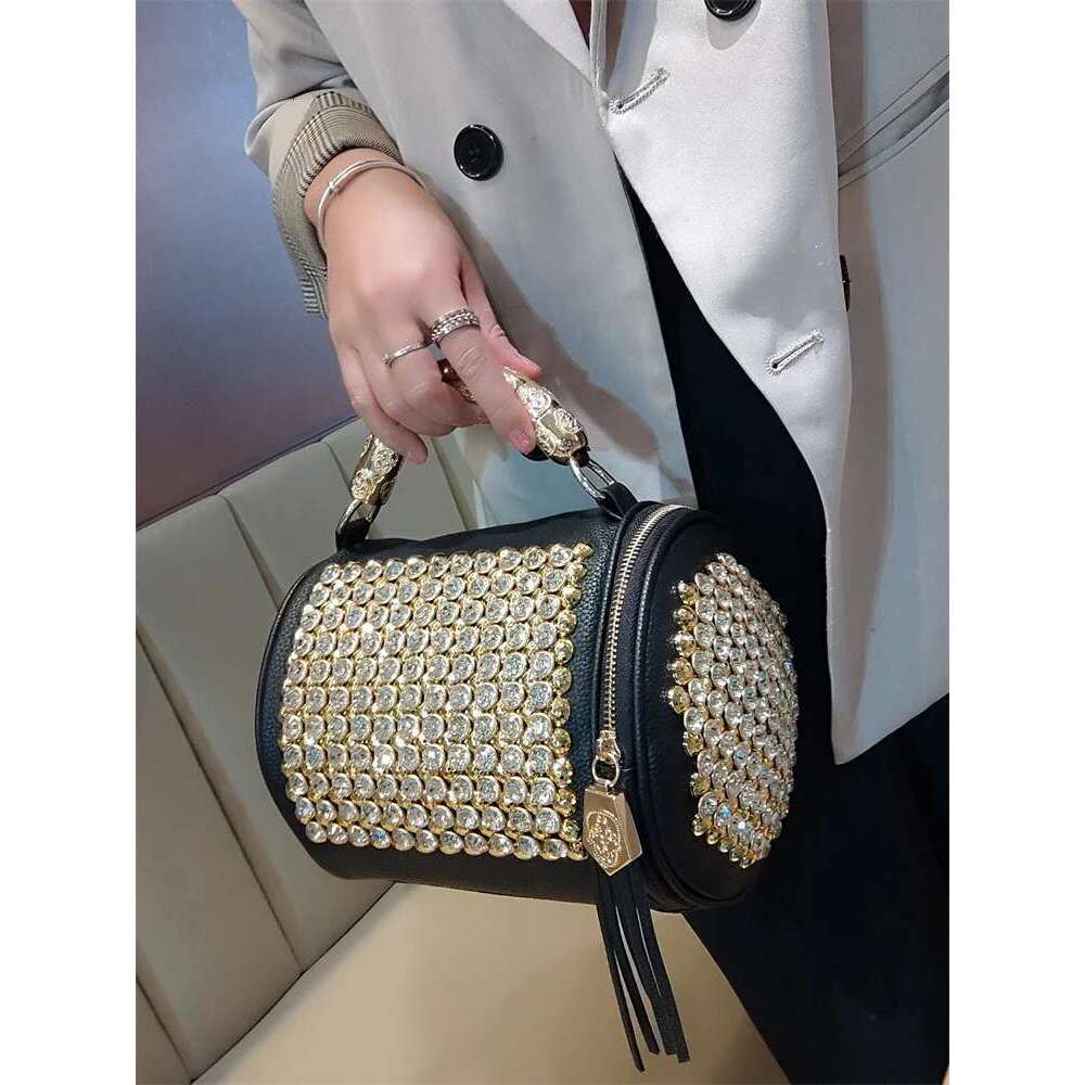 American Style Metal Rivet Studded Dia Tassel Cylindrical Handbag With Personalized High-End Feel One Shoulder Crossbody Bag