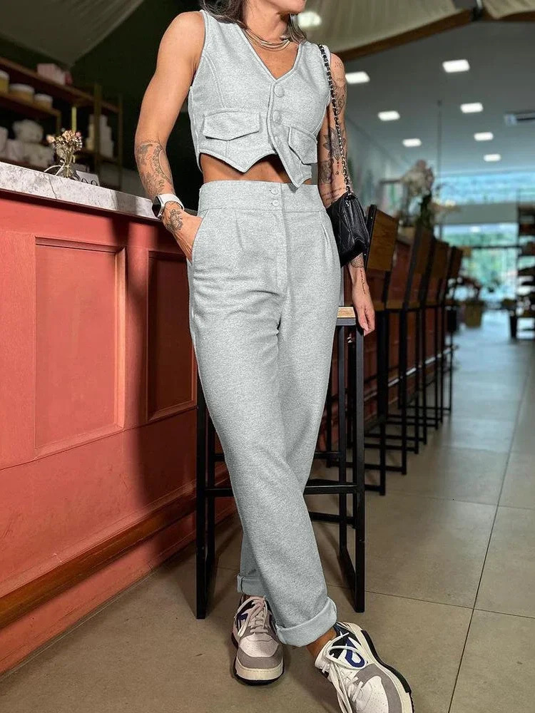 Two Piece Sets Women V Neck Sleeveless Single Breasted Vest Tops Casual Straight Long Pants Set Regular Splice Autumn 250516