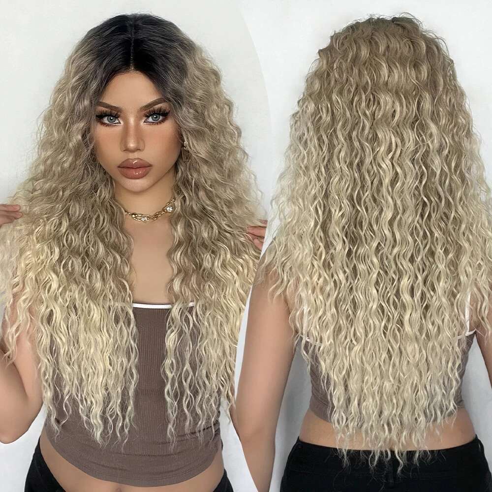 Long Afro Kinky Curly Front Synthetic Wigs Brown Blonde Ombre Dark Root Transparent Deep T Part Lace Wig for Women Use