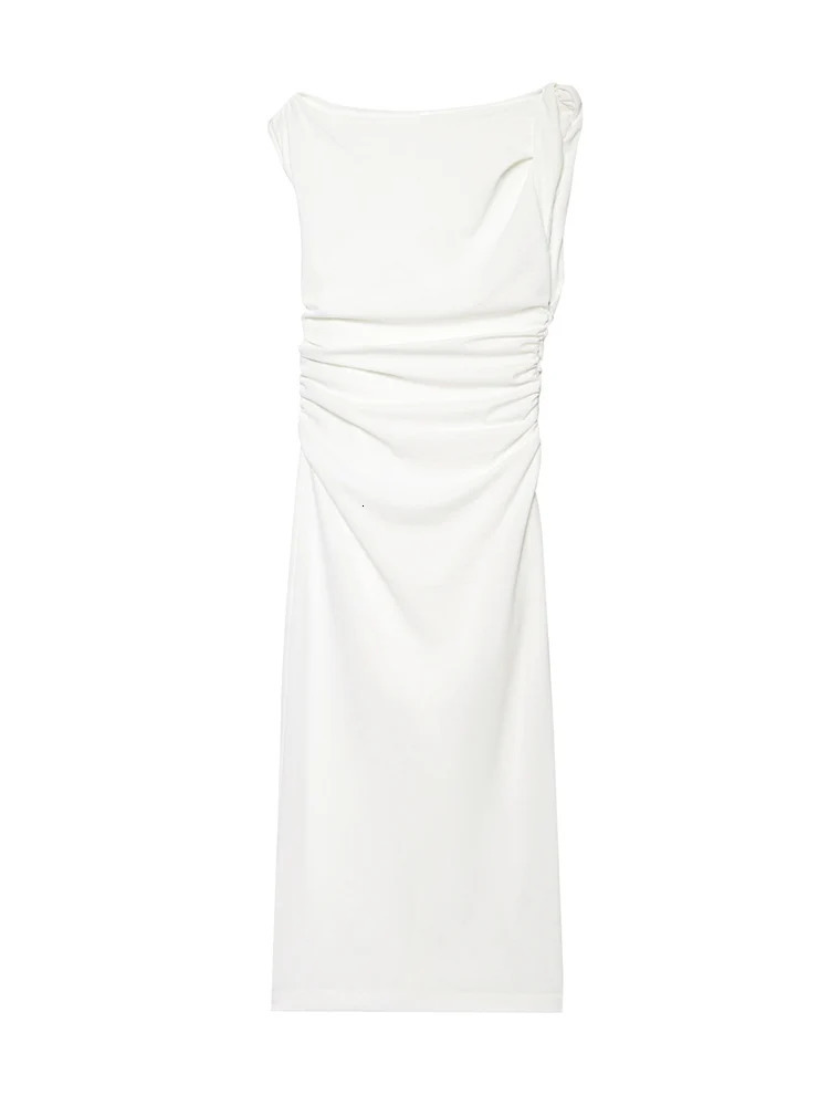 TFMLN Womens Asymmetric Midi Dress Summer Elegant Pleated Slimming Beach Holiday Chic Female Sleeveless Split Dresses 250520