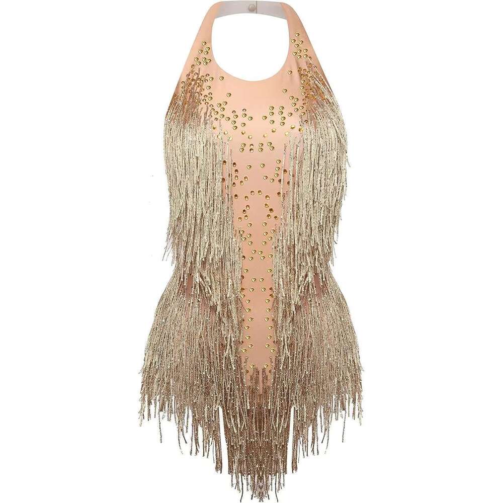 Sparkly Gold Rhinestones Tassel Bodysuit Women's Birthday Party Showgirl Outfit For Gymnastics Dance Leotard Fringes Clothing