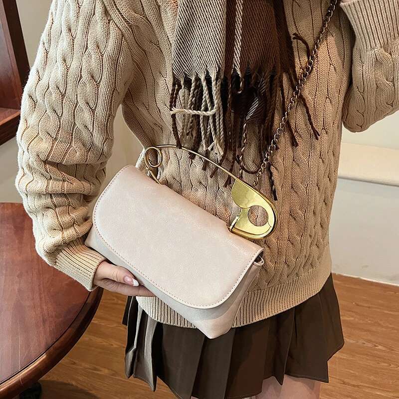 Women Creative Pin Handbag With Chain PU Leather Casual Flap Large Capacity Stylish Crossbody Work Date Bag