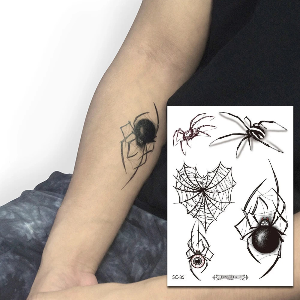 6Sheets 3D Black Spider Temporary Tattoo Stickers Dark Realistic Spider Fake Tattoo Waterproof Durable Tattoo Body Art Men Women 250515
