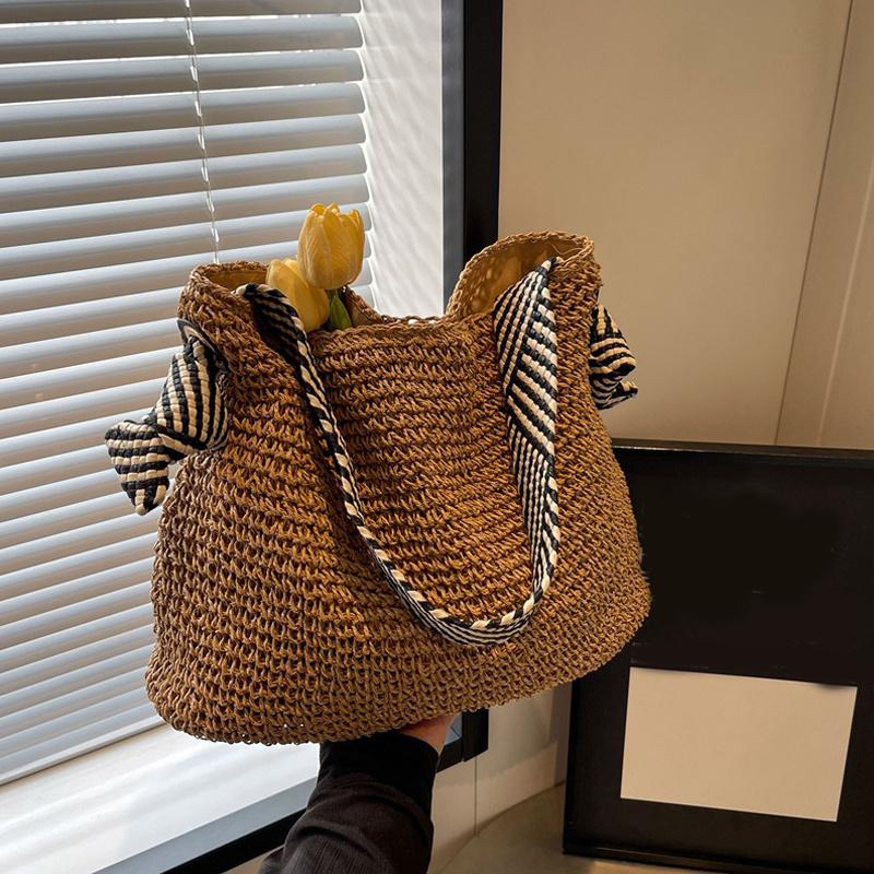 Straw Beach Tote Bag Large Capacity Woven Shoulder Bag with Knot Straps Stylish Lightweight Handbag for Travel Picnic or Daily Use