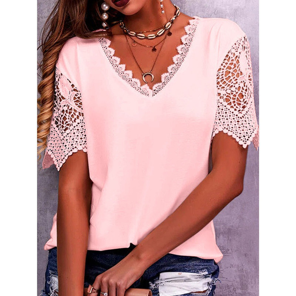 Designer Clothing Fashionable Women's Hot New Lace Patch Loose V-neck Short Sleeved T-shirt 2025 Versatile Casual