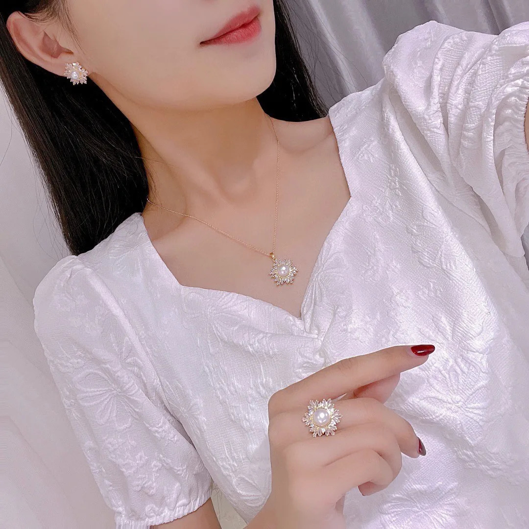 Sell Shiny CZ Zircon Flower Natural Freshwater Pearl 14k Gold Filled For Women Necklace Earrings Ring Jewelry Sets 250520