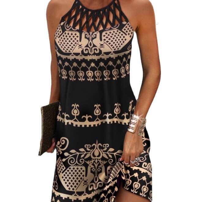 Spring/Summer New Ethnic Style Positioning Print Mesh Strap Sleeveless Casual Dress Women's Wear B5