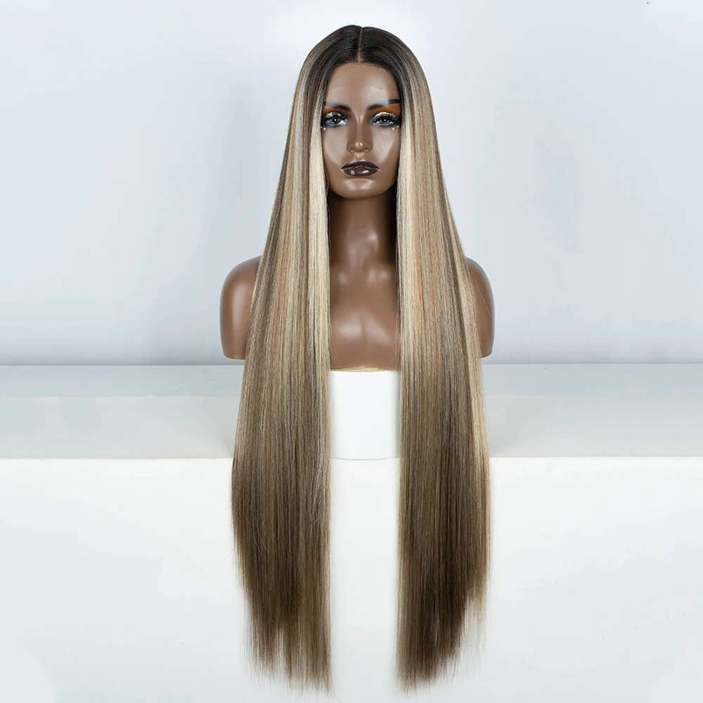 Front Wigs Highlight Brwon Blonde Black For Women Long Straight Lace WIg 38Inch Synthetic Heat Resistant Wig