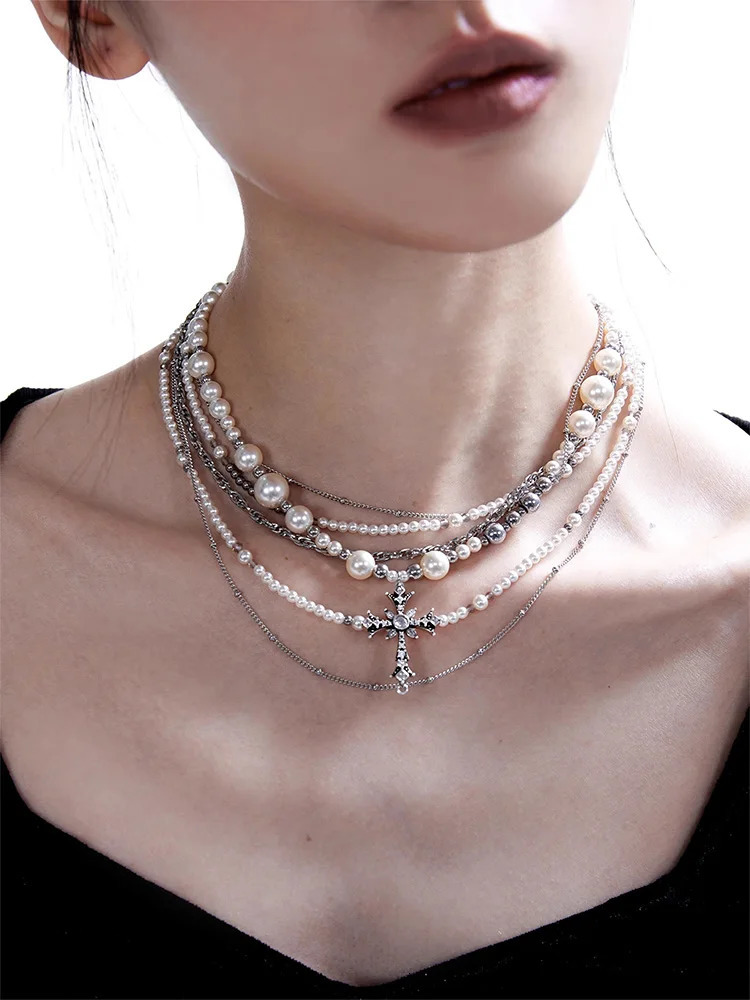 ZHUHE The Pearl Cross Layered Necklace In A Retro Style Is A Perfect Jewelry Accessory For Women And A Party Gift For Their Girl 250520